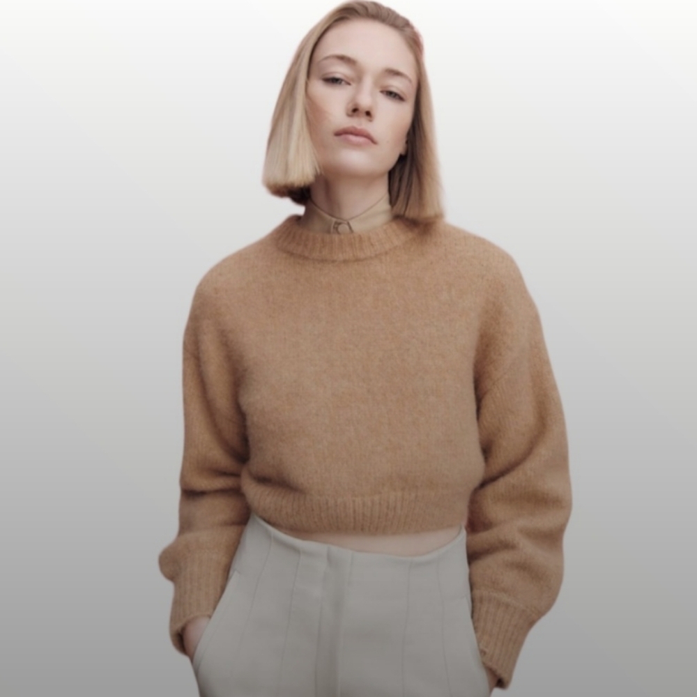 Zara Wool Blend Crop Knit Tan Camel Brown Sweater Small